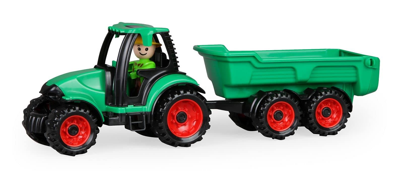 Lena Truckies Traktor mit Anhänger 38 cm, grün, Robustes Sandkasten Spielzeug mit abnehmbaren Anhänger, klappbare, Fahrerhaus, Kippmulde & Spielfigur, für Kinder ab 2 Jahren, Traktor mit Anhänger