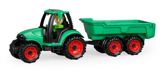 Lena Truckies Traktor mit Anhänger 38 cm, grün, Robustes Sandkasten Spielzeug mit abnehmbaren Anhänger, klappbare, Fahrerhaus, Kippmulde & Spielfigur, für Kinder ab 2 Jahren, Traktor mit Anhänger