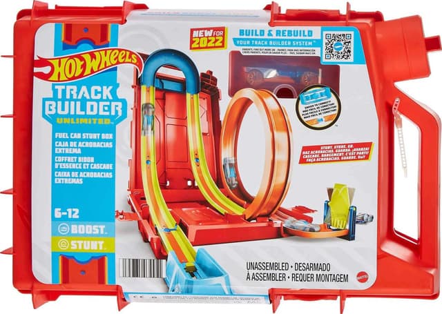 Hot Wheels Autorennbahn Benzinkanister, Stunt-und Rennaction für Spielzeugautos, mit Looping Track, Aufbewahrungsbox, Auto Spielzeug, Spielzeug ab 6 Jahre, HDX78