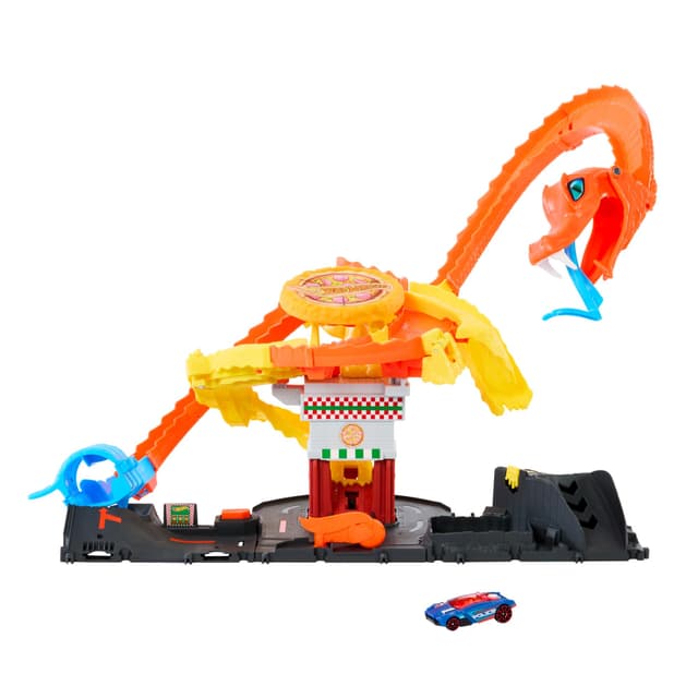 Hot Wheels City Spielzeugauto-Trackset, Pizza-Kobra-Angriff, Schlangenschwanz-Spiralbahn mit Randomizer, 1 Fahrzeug im Maßstab 1:64, HTN81