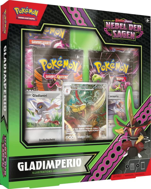 Pokémon-Sammelkartenspiel: Illustrations-Kollektion Karmesin & Purpur – Nebel der Sagen: Gladimperio (1 Vollbild-Promokarte, 2 holografische Karten & 4 Boosterpacks)