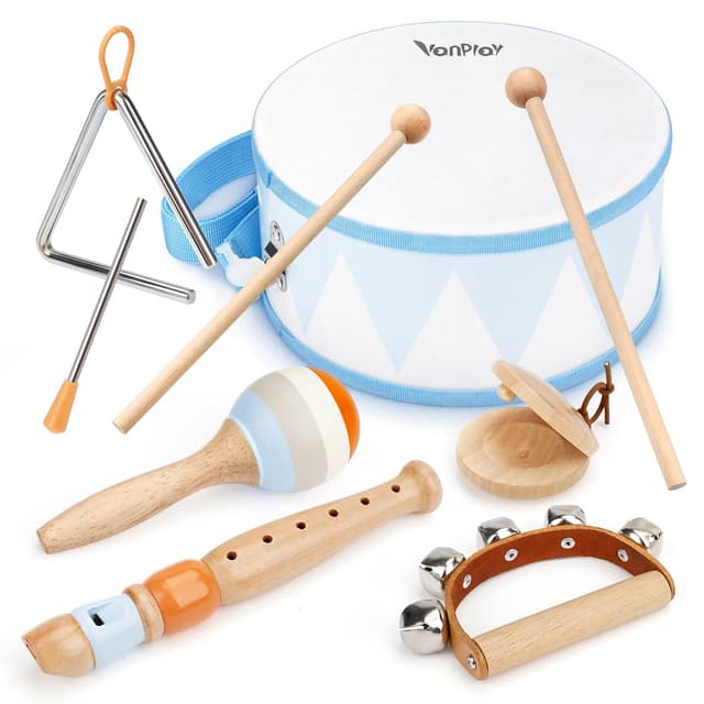 Musikinstrumente Kinder Trommel 6 in 1 Holzspielzeug Trompete Kindertrommel Montessori Spielzeug Baby Geschenk 2 3 4 Jahr Junge Mädchen