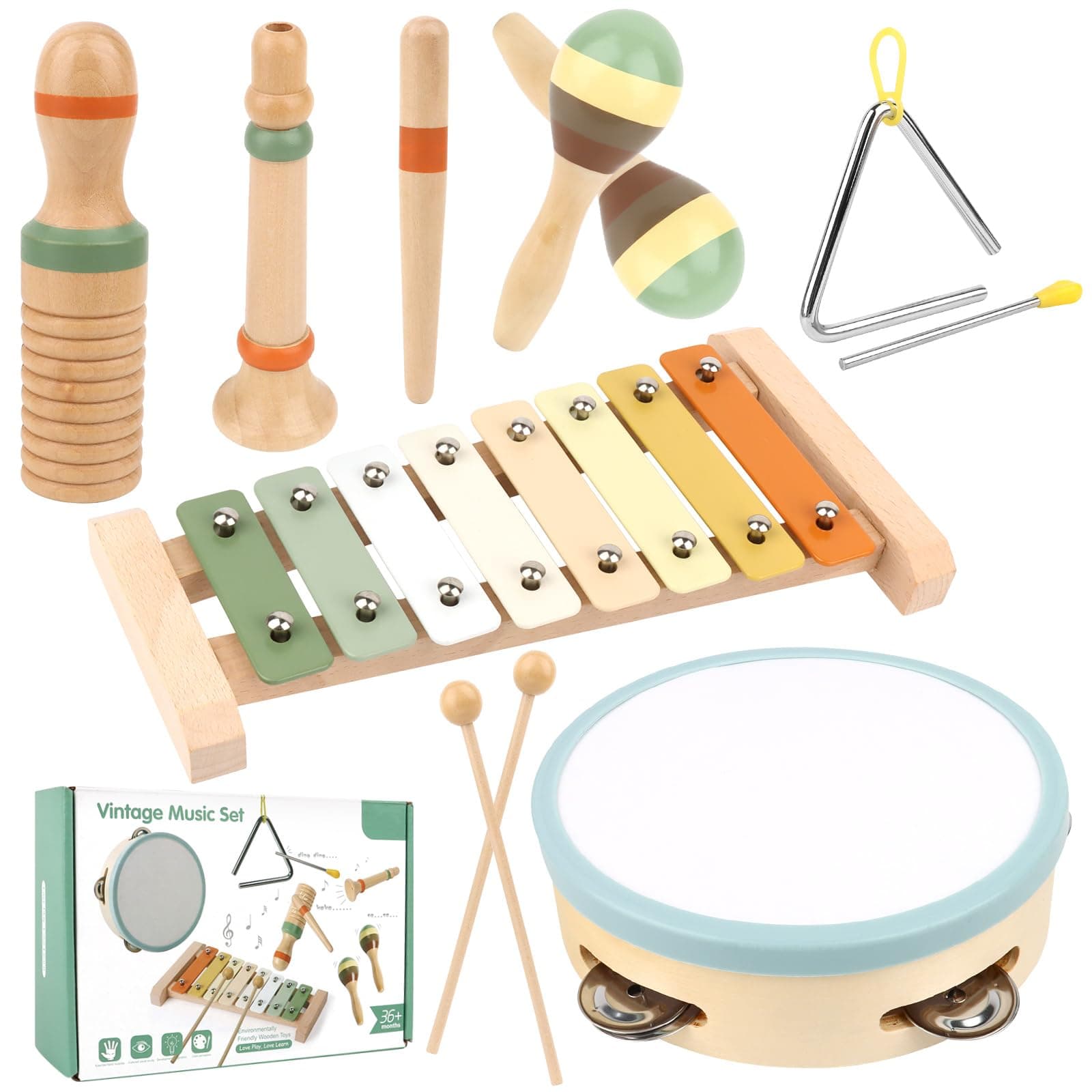 KUOFANY Musikinstrumente für Kinder ab 3 Jahren, Holzspielzeug mit Xylophon, Triangel, Maracas, Tamburin, Klanghölzern und Klarinette, Grau, Kleinkindgerecht