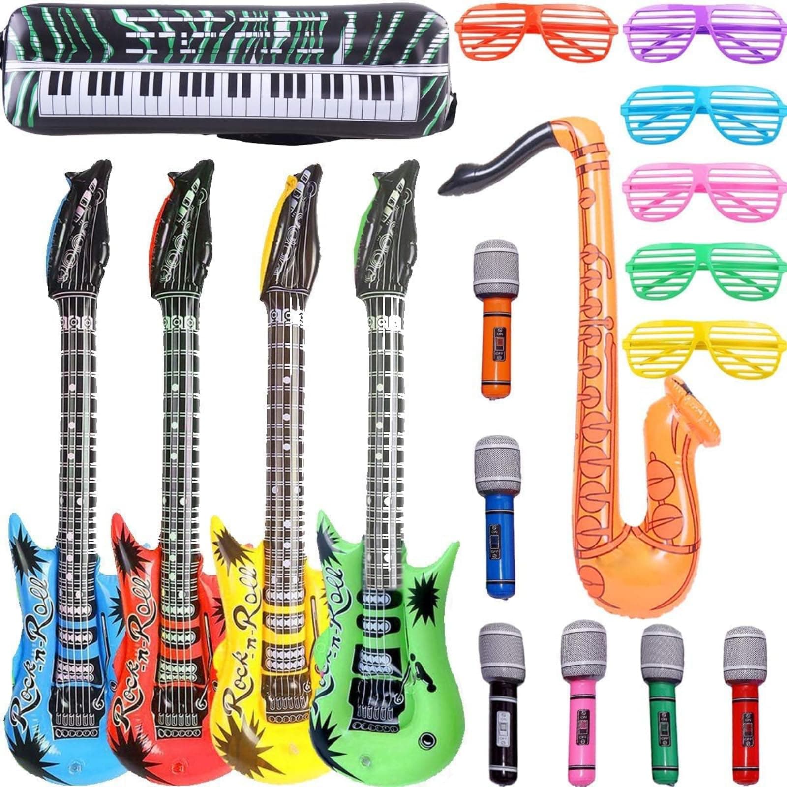 Aufblasbare Rock Star Toy Set-18 Stück aufblasbare Party Props-4 Aufblasbare Gitarre,6 Mikrofone,6 Shutter Shading Gläser,1 Saxophon