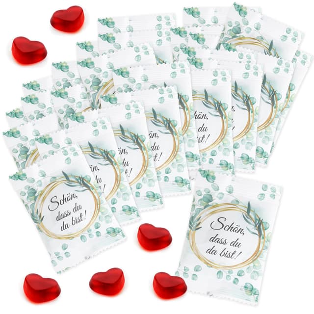 FOOD crew Fruchtgummi Herzen „Schön, dass du da bist“ 25 x 10 g - Herz Gummibärchen - Als Gastgeschenke Hochzeit Süßigkeiten - Schön dass du da bist Gastgeschenk - Hochzeits Give Aways