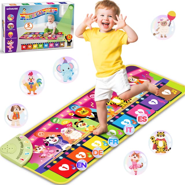 MOMUSE 5-Sprachen Musikmatte (DE/FR/IT/ES/EN), Baby Spielzeug ab 1 Jahr, Multilinguale Klaviermatte mit 9 Tieren, Tragbar, Leicht, Weihnachts-/Geburtstagsgeschenk für Kinder 1 2 3 4 Jahre​​