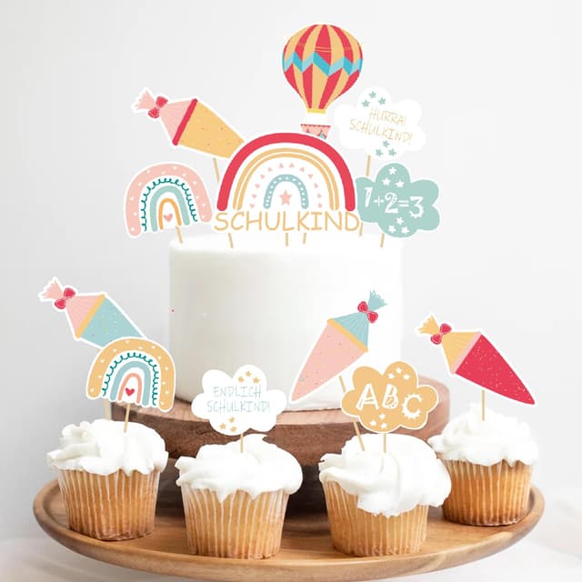 Tortendeko zur Einschulung, 12-teilig Regenbogen Schulanfang Cupcake Toppers, Schuleinführung Kuchen Fondant Muffins Zucker Dekorationen, für Junge Mädchen 1. Schultag Party Deko - Beidseitig Bedruckt
