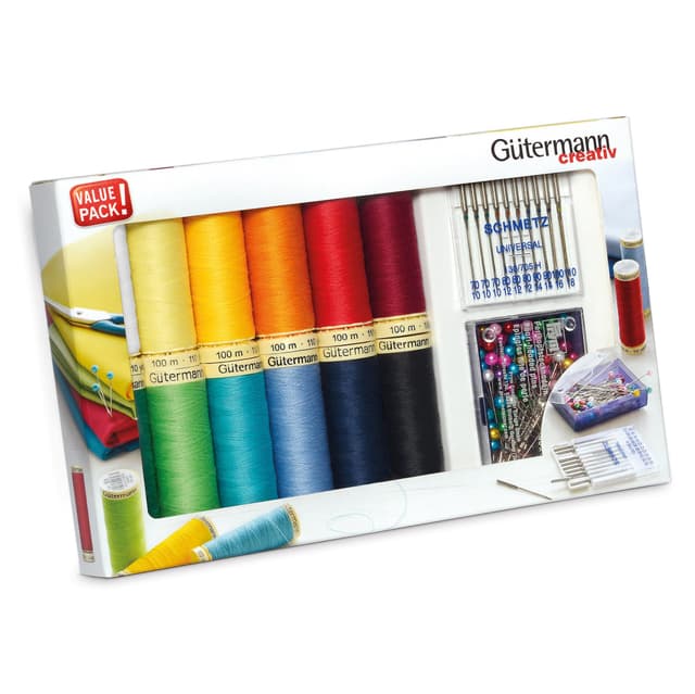 Gütermann creativ Nähfaden-Set mit 12 Spulen Allesnäher 100 m in starken Farben + Stecknadeln von PRYM und Nähmaschinennadeln von SCHMETZ