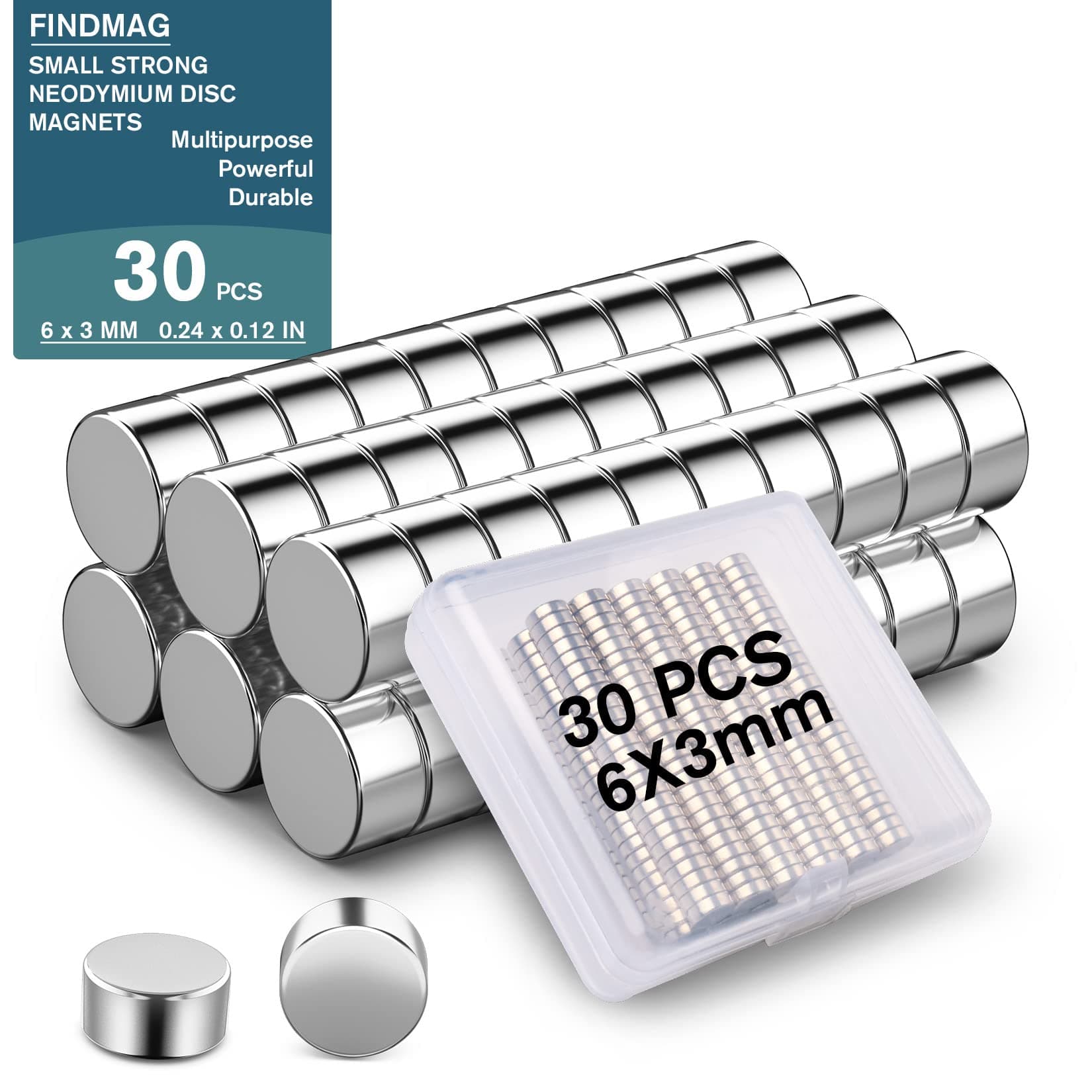 FINDMAG Klein, 30 Stück 6 x 3 mm Neodym, Whiteboard, Magnet Rund, Mini für Magnettafel, Magnete für Pinnwand, Handwerk 30 Stück 6 mm x 3 mm