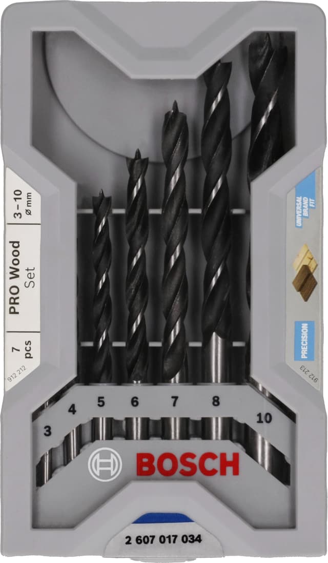 Bosch 7x PRO Wood Holzspiralbohrer-Set (für Weichholz, Hartholz, Ø 3,0, 4,0, 5,0, 6,0, 7,0, 8,0, 10,0 mm, Professional Zubehör Bohrmaschine/Schrauber) Ø 3 - 10 mm 7-tlg.