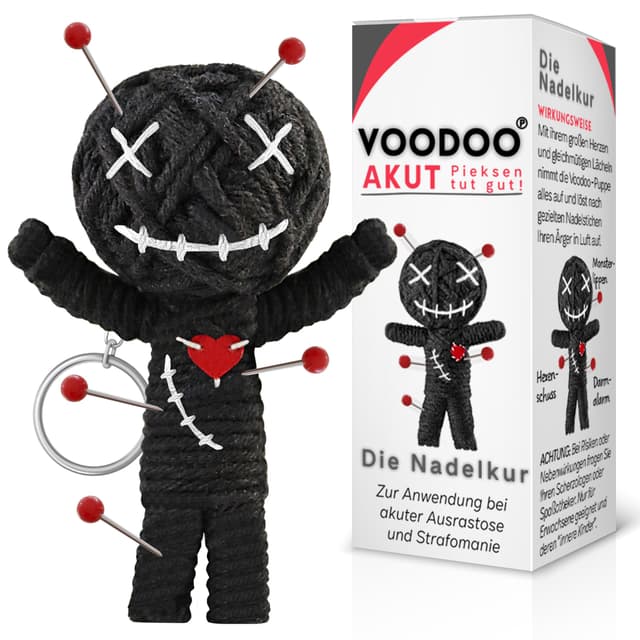 GLÜCKSGUT® Voodoo Puppe mit Nadeln | 7,5cm | Geschenkbox & Anleitung | Scherz-Medikament | Büro Geschenk für Kollegen Kollegin Chef | Anti Stress | Abschied | Büro Uni Studium Einzelartikel