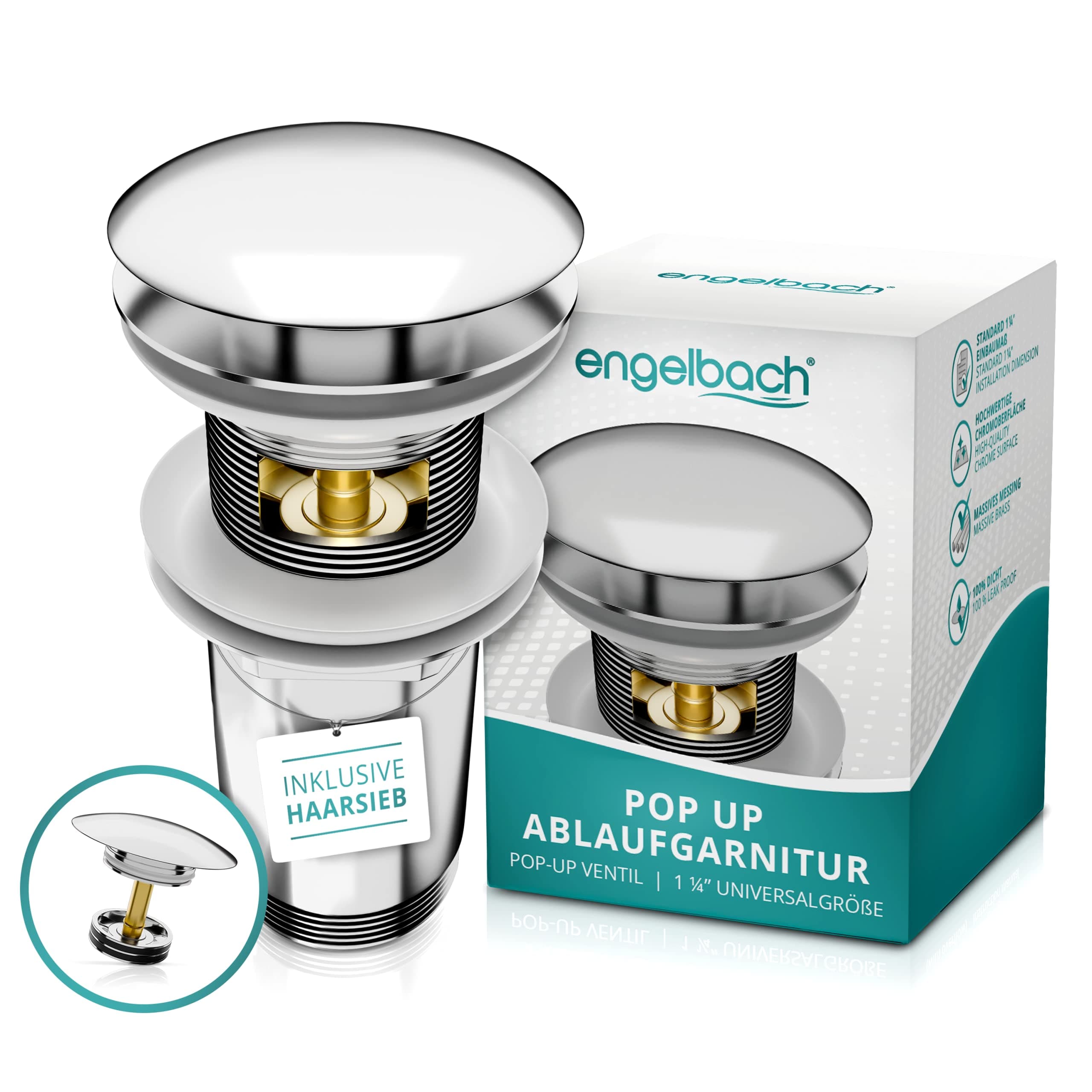 Engelbach® Universal Waschbecken Ablaufgarnitur - Pop up Ablaufventil mit und ohne Überlauf (Auch für Waschtische) Herausziehbarer Stöpsel mit Haarsieb - inklusive Einbauanleitung Mit Überlauf - Chrom
