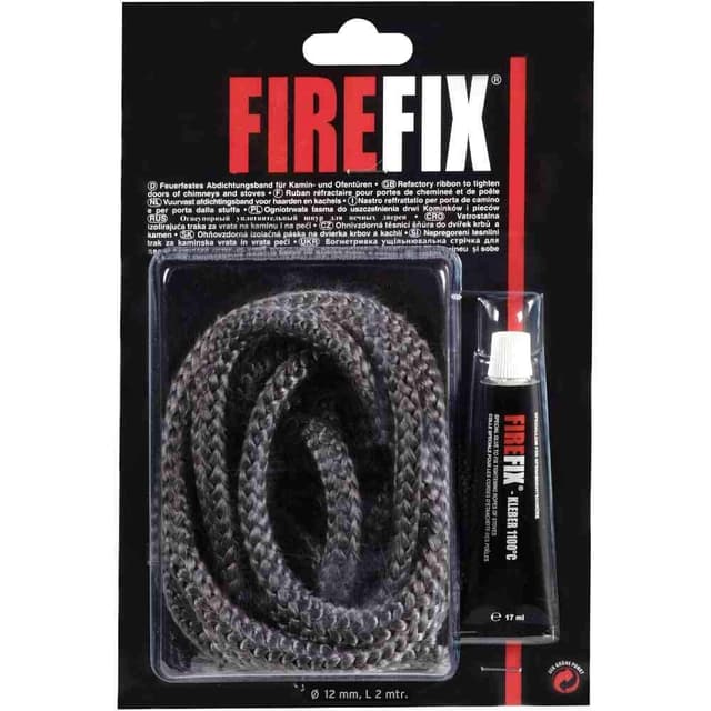 FIREFIX 2046 Keramikkordel ø 12mm, grau I 2m Dichtschnur für Kaminofen I Rundkordel I Ofendichtschnur mit bis zu 1100 °C hitzebeständigem Kleber 17ml , Verpackung kann variieren