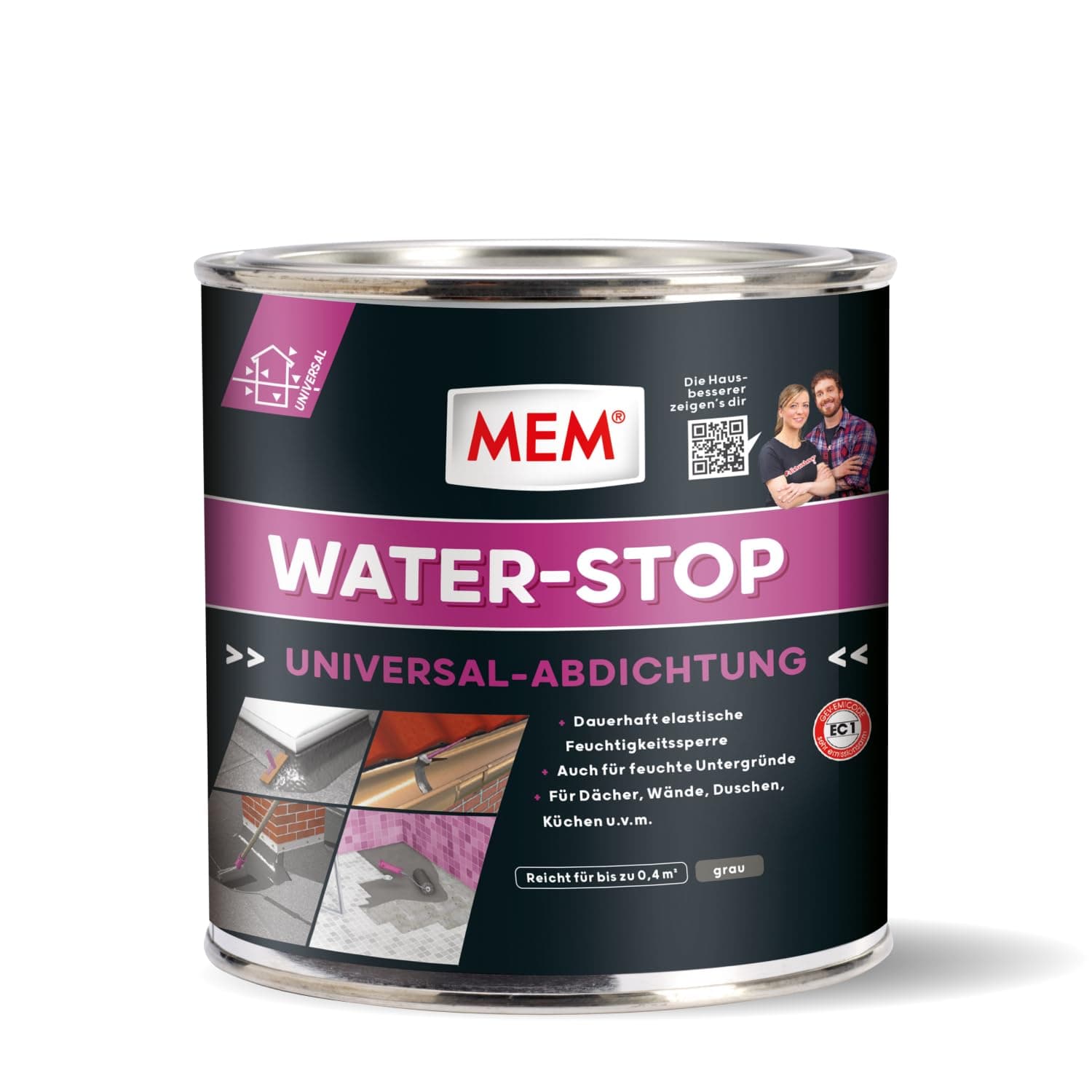 MEM Water Stop Abdichtungsmasse, Universalabdichtung & Feuchtigkeitssperre für innen & außen, Sofort dichtend, Lösemittel-, silikon- & bitumenfrei, Grau, 1 kg Eimer 1 kg Single