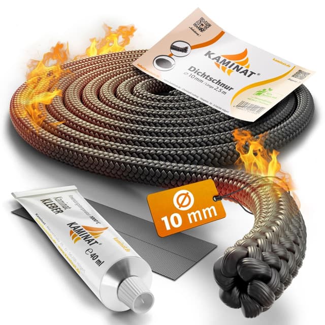 KAMINAT Ofen Dichtschnur - 2,5m Dichtschnur für Kaminofen - Feuerfestes Kamin Dichtband & Ofenrohr Dichtung - Hochwertige Kamin Dichtungsschnur inkl. Kleber - Dichtschnur Kaminofen Ø 10mm Breite Ø10mm