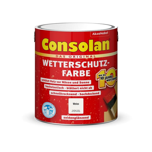 Consolan Wetterschutzfarbe, Deckender Holzschutz für Außen, Weiß, 2,5L Weiß 2,5 l