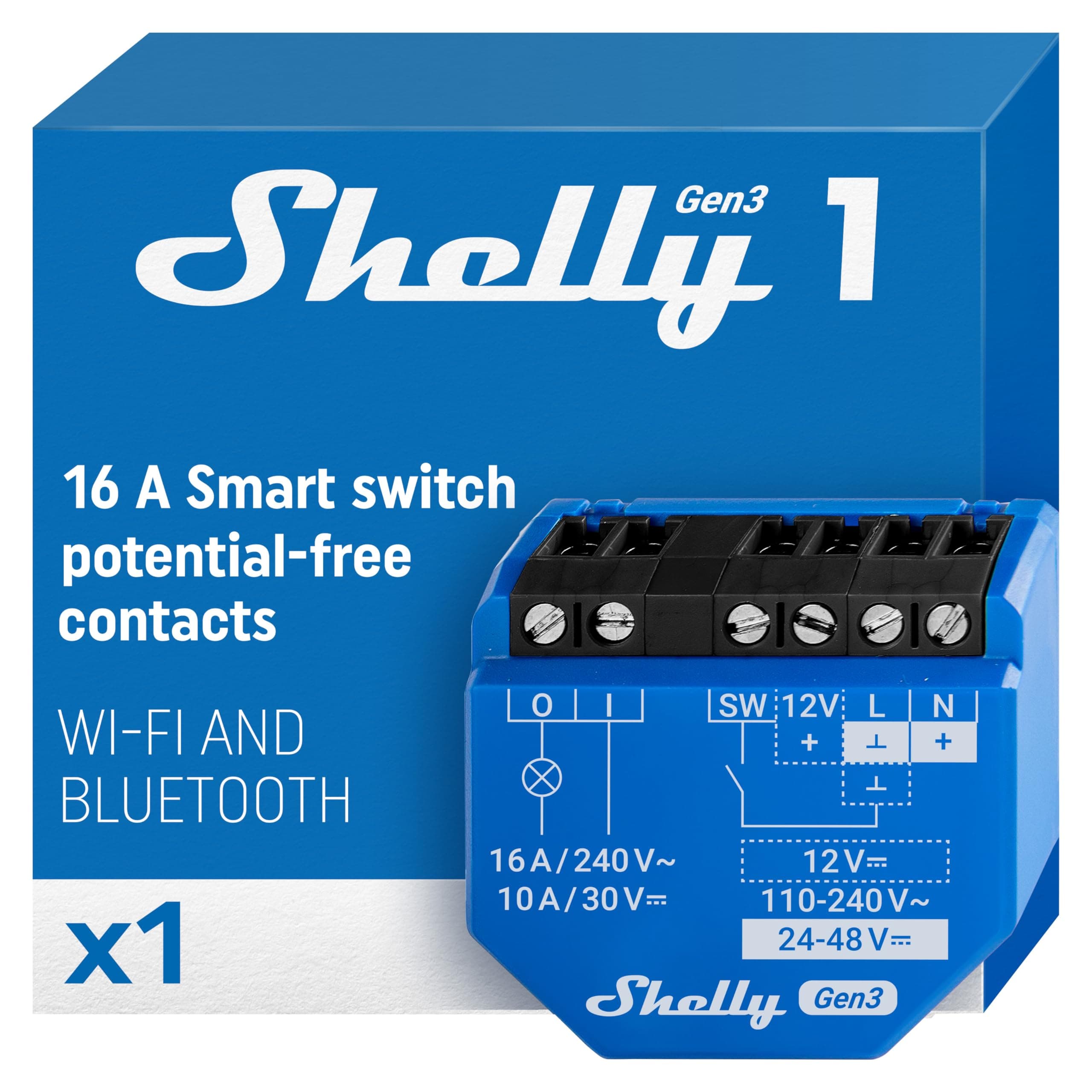 Shelly 1 Gen3 - WLAN Smart-Schalter-Relais mit Potentialfreie Kontakte, 1 Kanal, 16A, Lichtschalter, Garagentoröffner, Smart Home, Zeitschaltuhr, Alexa & Google Home, Kein Hub Erforderlich 1er Pack