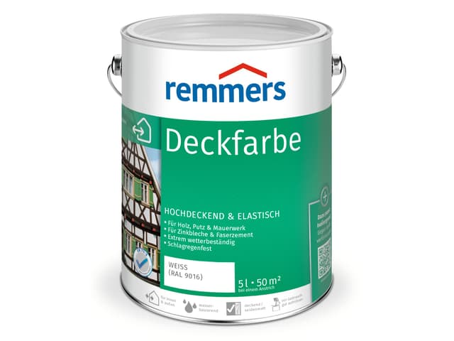 Remmers Deckfarbe weiß (RAL 9016), 5 Liter, Deckfarbe für innen und außen, Wetterschutzfarbe viele Untergründe, hochdeckend, wetterfest Weiß (Ral 9016) 5 l (1er Pack)