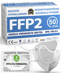 ADESTE - 50 FFP2 Masken, hygienische 5-lagige Staubschutzmaske, EN149:2001+A1:2009 Mundschutzmaske EU2016/425, weiß, Atemschutzmaske, Einzelne versiegelte Beutel Angebot bei HelloDeals