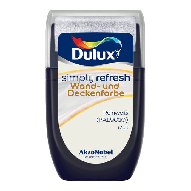 Dulux Simply Refresh Wand- und Deckenfarbe – Reinweiß 9010 – Tester 30 ml - Erfrischende, langlebige Innenfarbe für ein schönes Zuhause 30 ml (1er Pack) Reinweiss