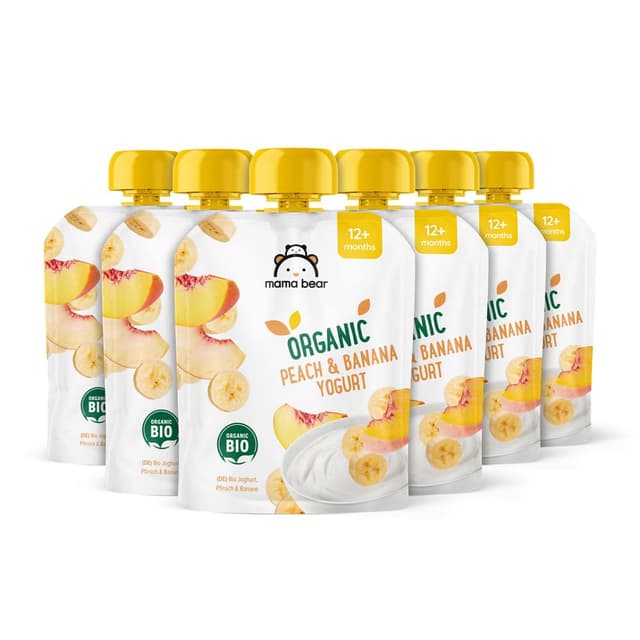 Amazon-Marke: Mama Bear Bio Zubereitung aus Joghurterzeugnis Pfirsich, Banane und Joghurt, Vegetarisch, 90g (6er-Pack)