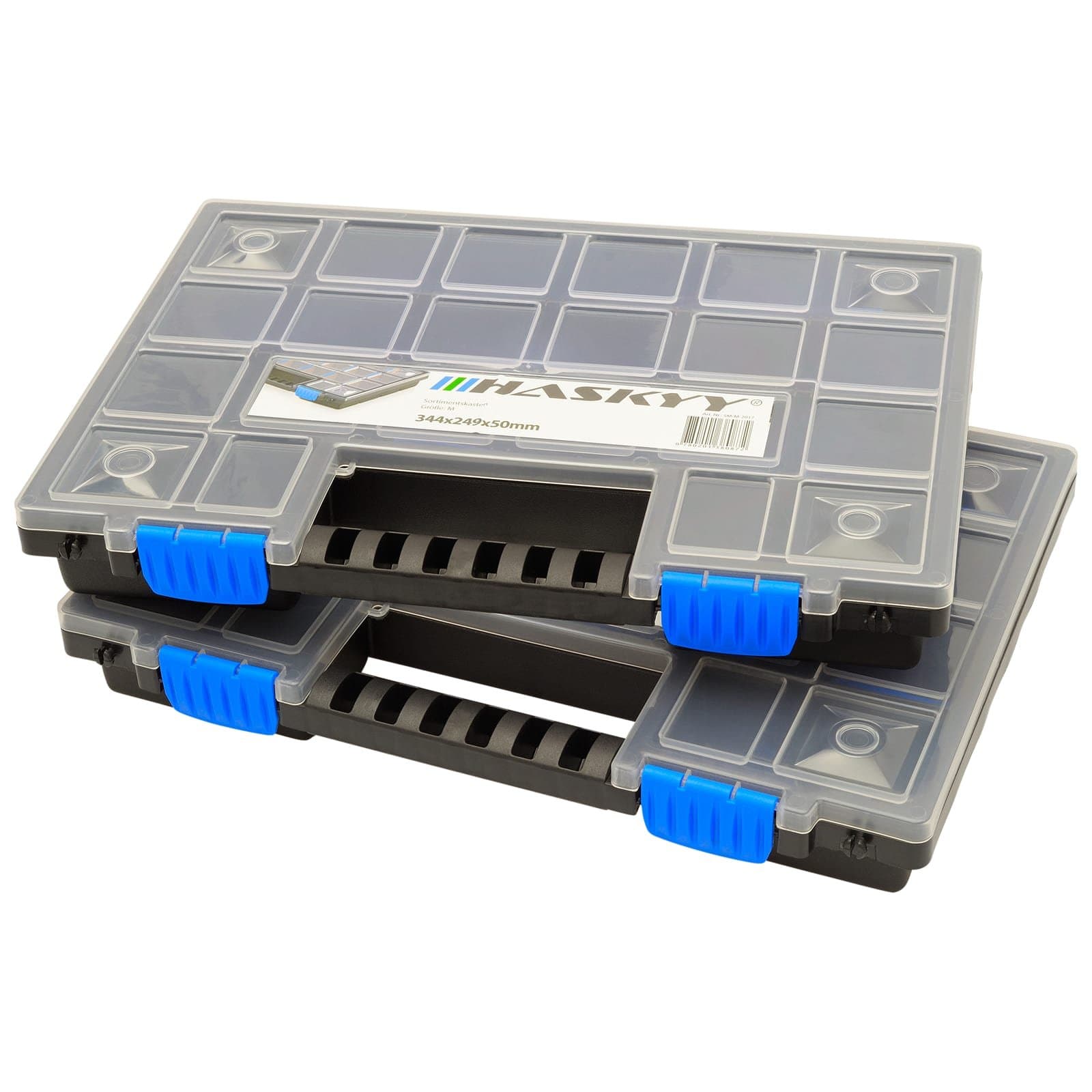 HASKYY Sortimentskoffer Sortimentskiste Sortimentsbox 2x Organizer XL - unterteilt und stapelbar - 345x249x50 mm Kleinteileschrank Werkzeugkiste Schraubbox Ablagefächer 2 Kisten