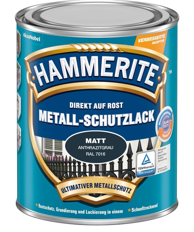 Hammerite Metallschutzlack Matt, 3in1 - Rostschutz, Anthrazitgrau, 750 ml Anthrazitgrau 750 ml (1er Pack)