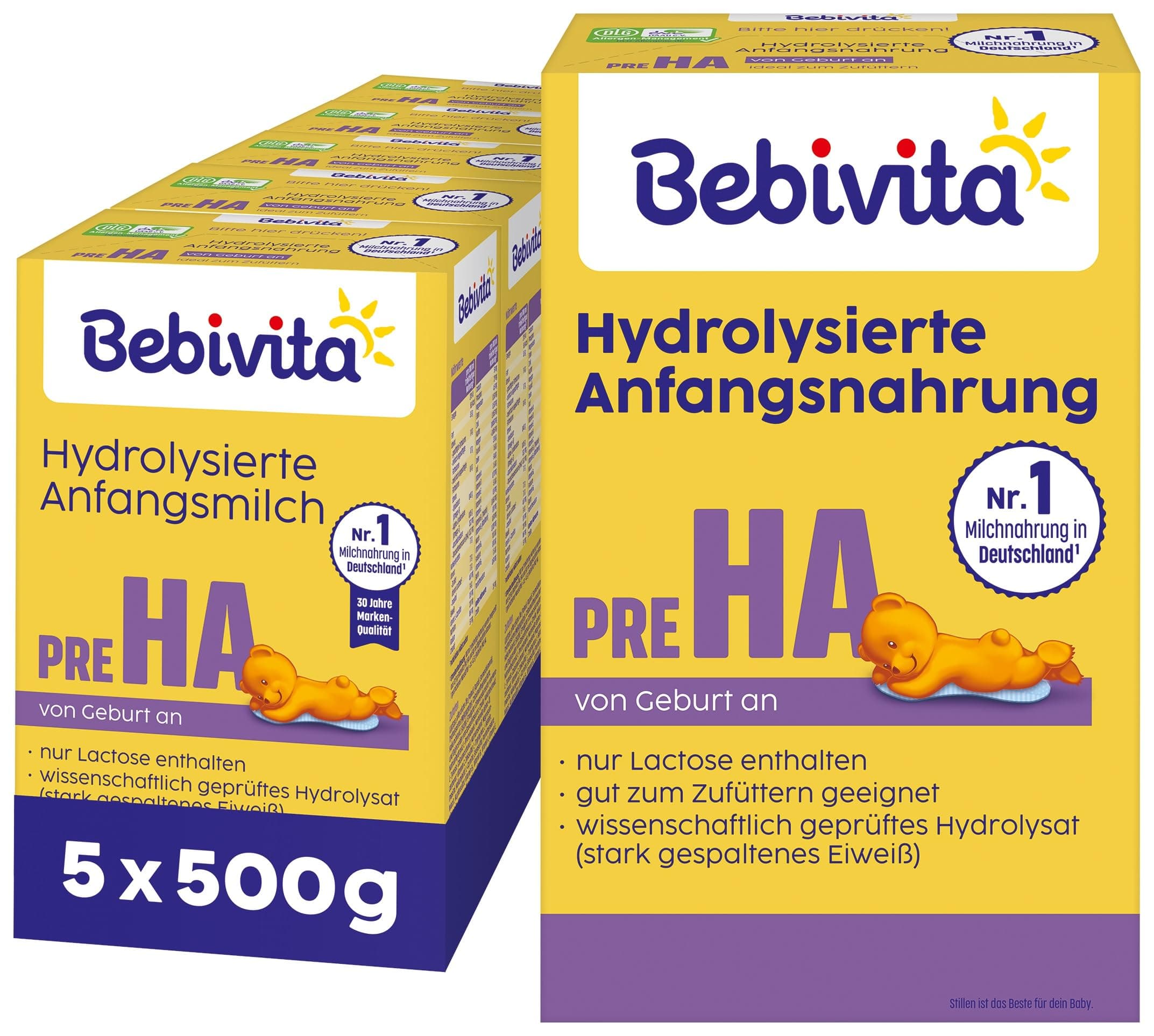 Bebivita PRE HA (5 x 500g), hydrolysierte Anfangsmilch von Geburt an, enthält nur Lactose als Kohlenhydrat, gut zum Zufüttern