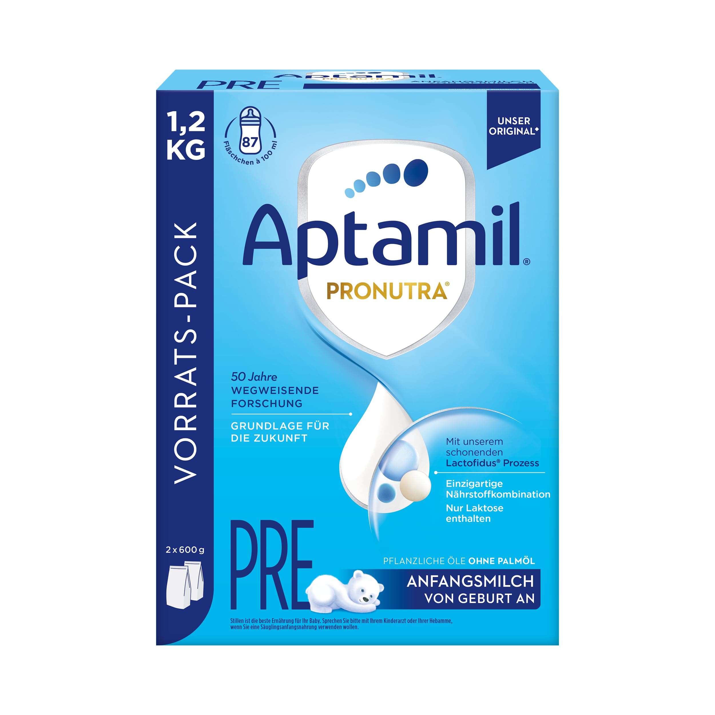 Aptamil Pronutra Anfangsnahrung Pre, von Geburt an, ohne Palmöl, mit schonendem Lactofidus Prozess, Vorratspack 1,2kg Aptamil Pronutra 2