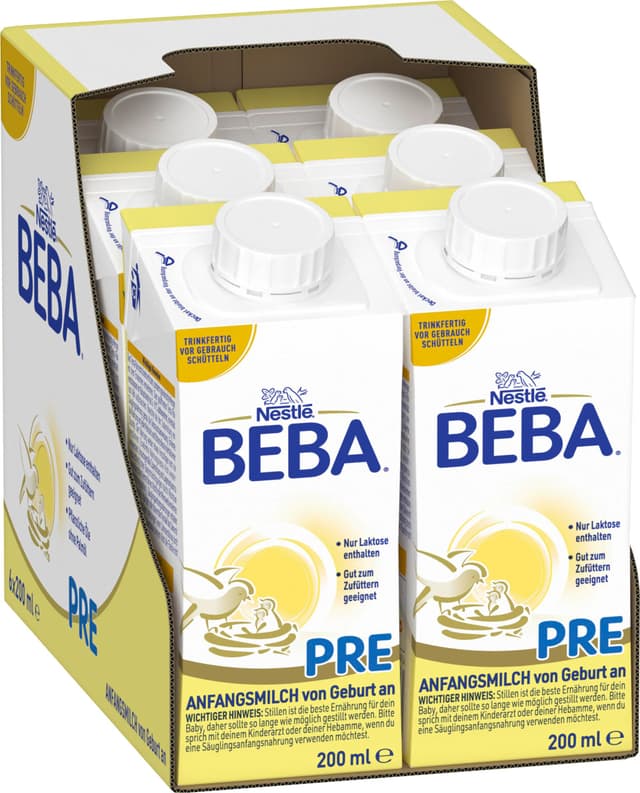 BEBA PRE Anfangsmilch trinkfertig, von Geburt an, Babynahrung, nur Laktose, ohne Palmöl, 6er Pack (6 x 200ml)