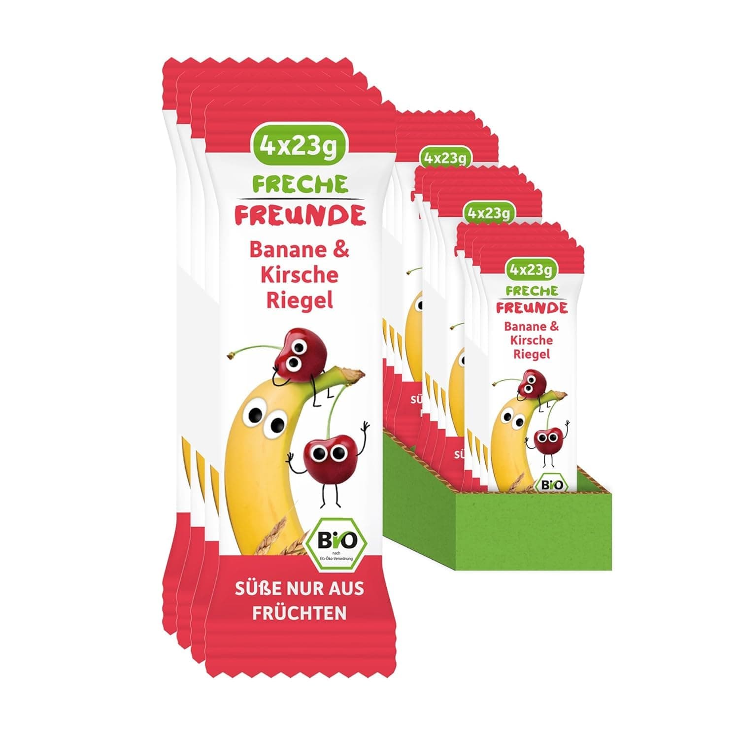 FRECHE FREUNDE Bio Fruchtriegel Banane & Kirsche, Obst Riegel für Babys und Kinder ab 1 Jahr, fruchtiger Snack ohne Zuckerzusatz, vegan, laktosefrei, 6er Pack, 6x (4x 23g) Banane & Kirsche 4 Stück (6er Pack)