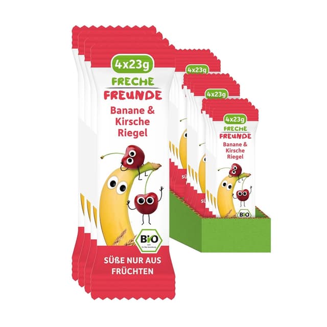FRECHE FREUNDE Bio Fruchtriegel Banane & Kirsche, Obst Riegel für Babys und Kinder ab 1 Jahr, fruchtiger Snack ohne Zuckerzusatz, vegan, laktosefrei, 6er Pack, 6x (4x 23g) Banane & Kirsche 4 Stück (6er Pack)