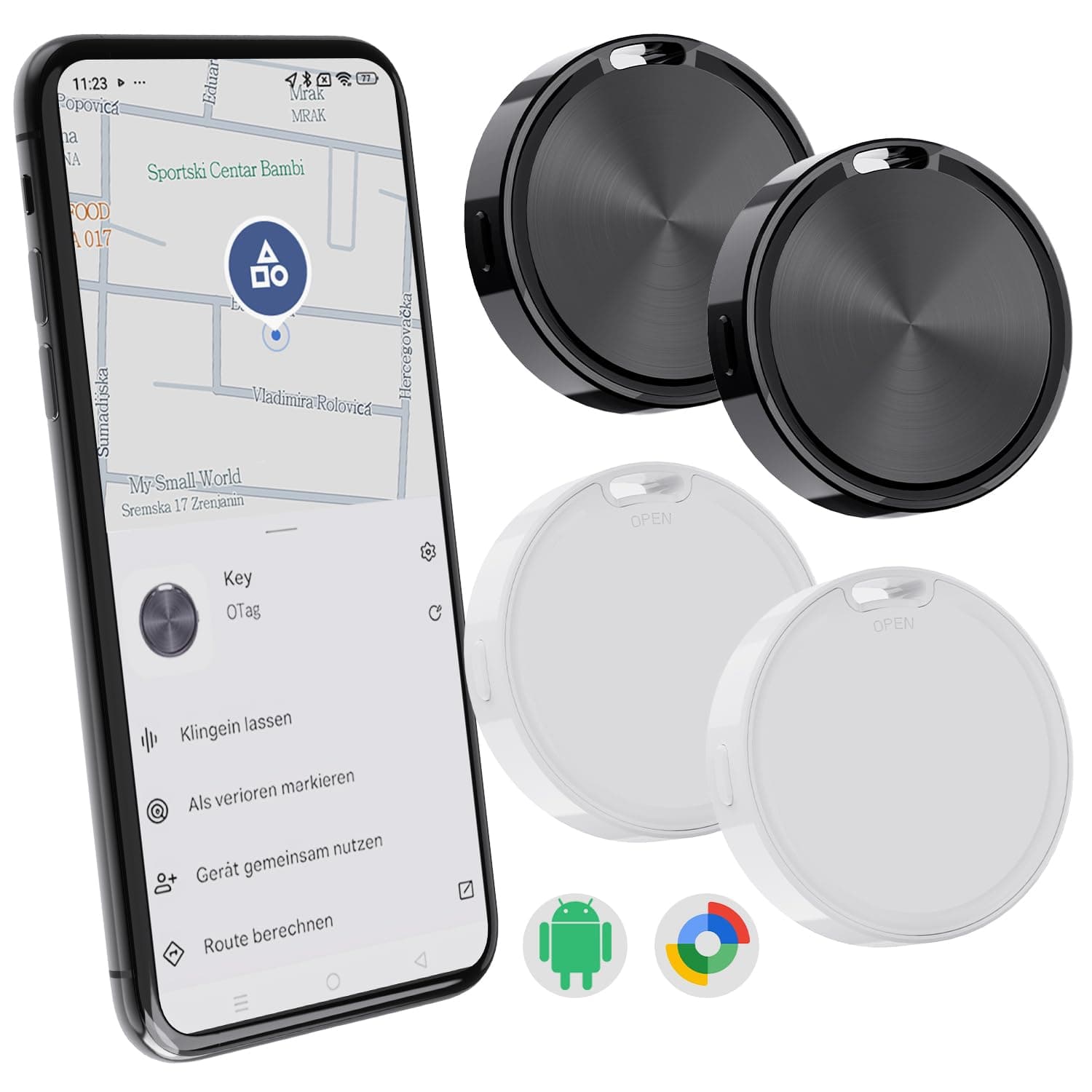 CooAoo Air Tag Android Tracker, Schlüsselfinder kompatibel mit Google Find Hub (NUR Android) Mini Tracker Android Smart Tag ohne Abo Bluetooth KeyFinder für Koffer, Schlüssel, Gepäck,Taschen, 4er Pack Schwarz
