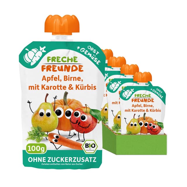 FRECHE FREUNDE Bio Quetschie Apfel, Birne, Karotte & Kürbis, Fruchtmus mit Gemüse im Quetschbeutel für Babys ab dem 6. Monat, vegan, 6er Pack (6 x 100g) Apfel, Birne, Karotte & Kürbis 100 g (6er Pack)