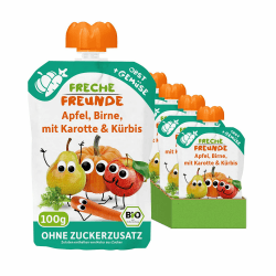 FRECHE FREUNDE Bio Quetschie Apfel, Birne, Karotte & Kürbis, Fruchtmus mit Gemüse im Quetschbeutel für Babys ab dem 6. Monat, vegan, 6er Pack (6 x 100g) Apfel, Birne, Karotte & Kürbis 100 g (6er Pack) Angebot bei HelloDeals