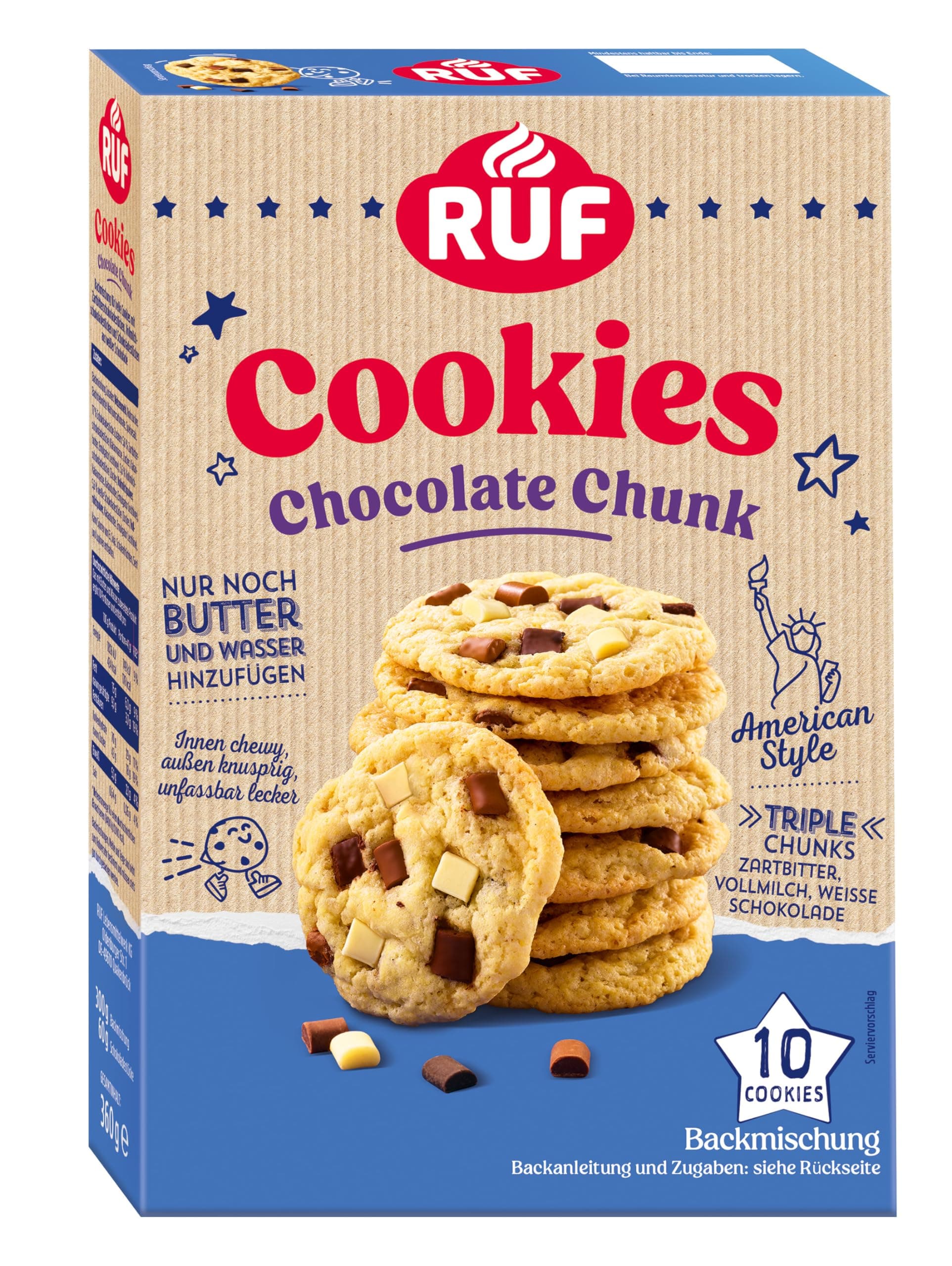RUF Chocolate Chunk Cookies, Backmischung für helle Kekse im American Style mit triple Schoko-Stückchen, innen chewy, außen knusprig, 10 Cookies, 360 g