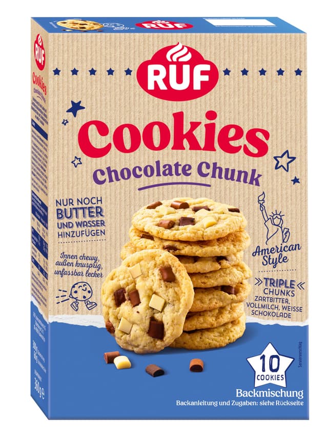 RUF Chocolate Chunk Cookies, Backmischung für helle Kekse im American Style mit triple Schoko-Stückchen, innen chewy, außen knusprig, 10 Cookies, 360 g