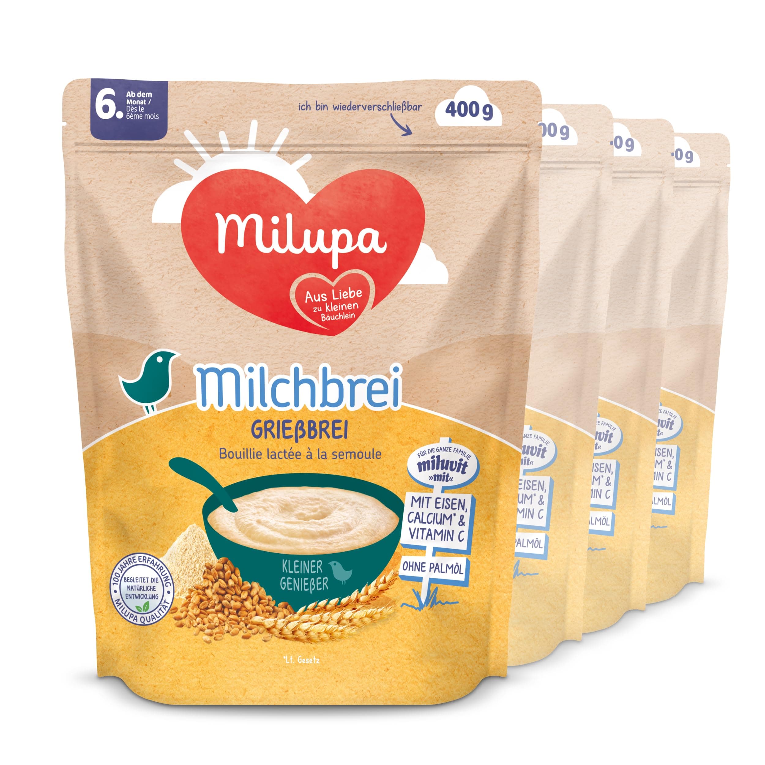 Milupa Miluvit Milchbrei Grieß – Babybrei ohne Palmöl – Frei von Konservierungs- und Farbstoffen – Ab dem 6. Monat – 4 x 400 g Milchbrei Grießbrei
