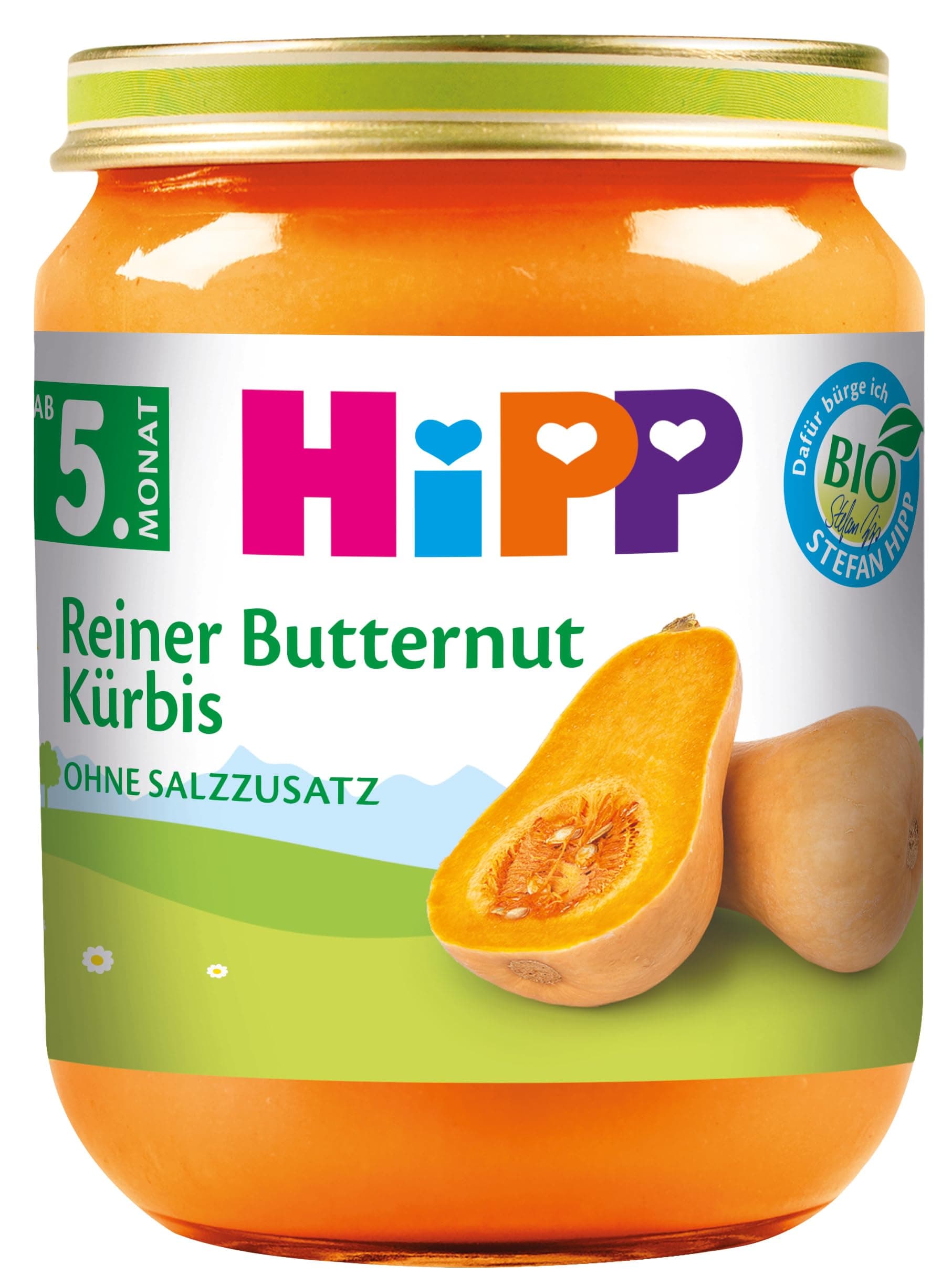 HiPP Bio Butternut-Kürbis (6 x 125g), für Babys ab 5. Monat, ohne Salzzusatz, das Gemüse-Gläschen ideal zum Beikoststart, in bester Bio-Qualität Reiner Butternut-Kürbis 125 g (6er Pack)