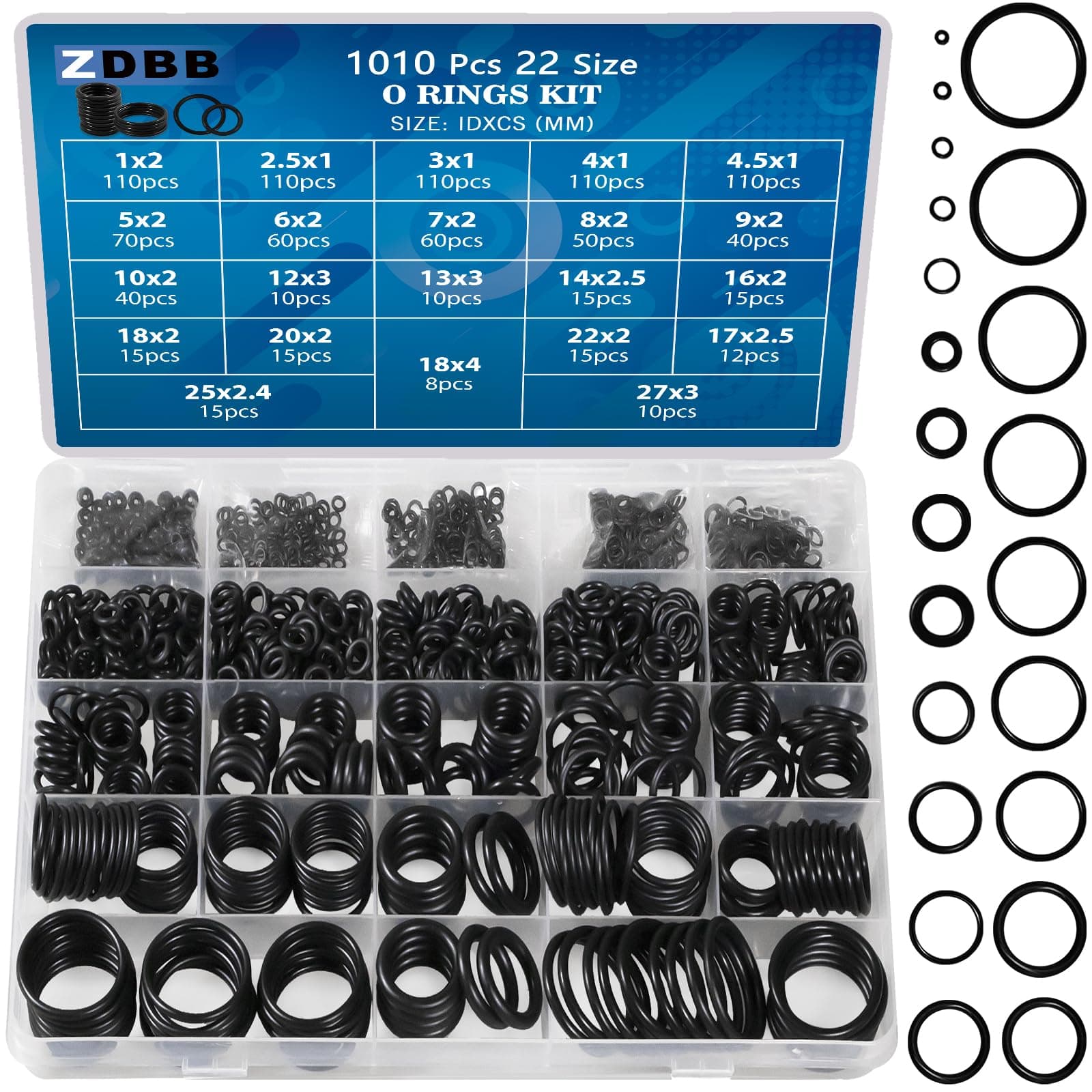 ZDBB 1010 Stück Gummi-O-Ringe-Set, 22 Größen, Universal-Nitril-NBR-Unterlegscheiben-Dichtungs-Sortiment für Automobil-Wasserhahn, Druckleitungen, Luft- oder Gasanschlüsse, öl- und hitzebeständig Metrisch 22 Größe 1010 Stück