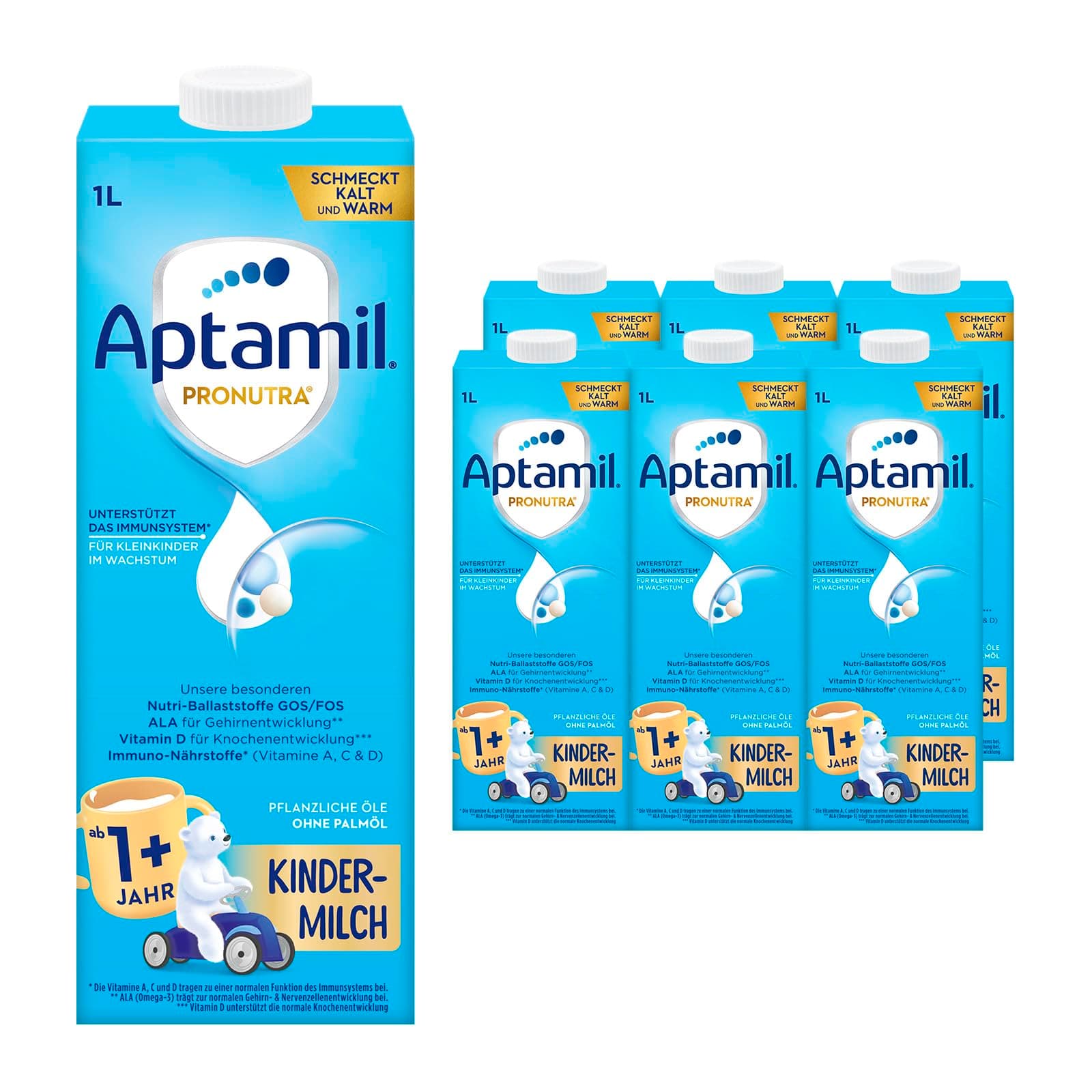 Aptamil Kindermilch 1+ 1 Liter trinkfertig (6er Pack), trinkfertig & praktisch, für Kleinkinder im Wachstum, mit Vitaminen A, C und D sowie ALA (Omega-3), Calcium und Jod, ohne Palmöl Aptamil Kindermilch ab 1 Jahr (1+) 1 l (6er Pack)