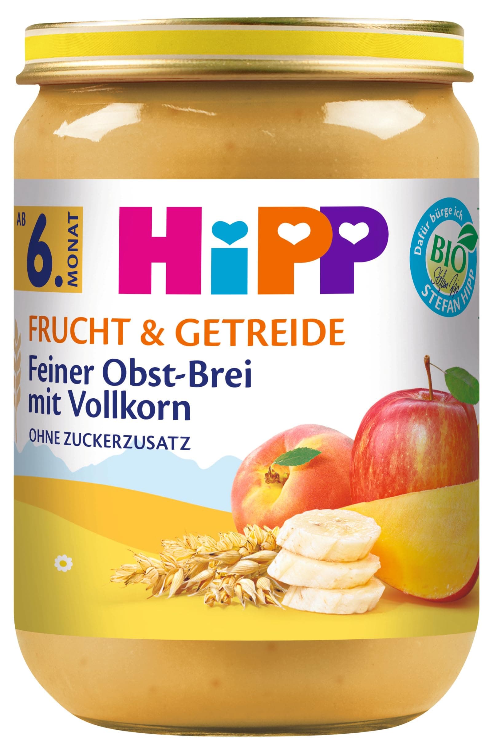 HiPP Bio Frucht & Getreide Feiner Obst-Brei mit Vollkorn, 6er Pack (6 x 190 g) Feiner Obst-Brei mit Vollkorn 190g