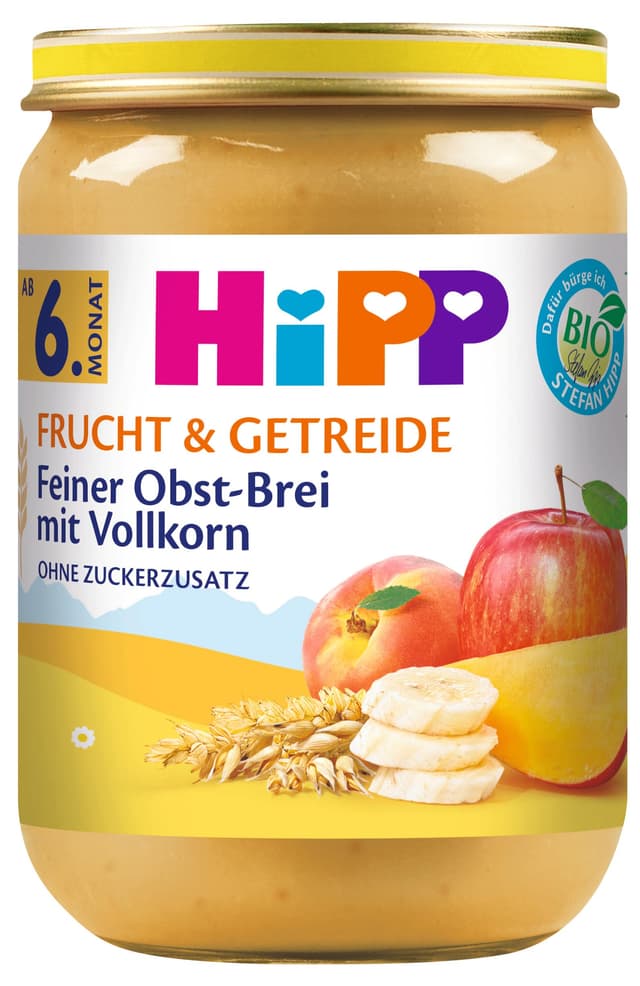 HiPP Bio Frucht & Getreide Feiner Obst-Brei mit Vollkorn, 6er Pack (6 x 190 g) Feiner Obst-Brei mit Vollkorn 190g