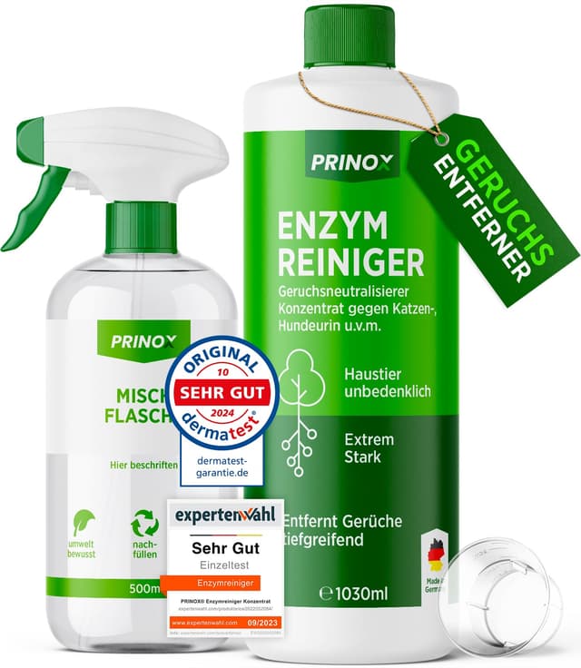 PRINOX 1030ml Enzymreiniger Konzentrat inkl. Mischflasche I STARKER GERUCHSENTFERNER I Ergibt bis zu 40L Geruchsneutralisierer I Beseitigt Hundeurin, Katzenurin Geruch tiefgreifend uvm. I Made in DE 1.03 l (1er Pack)