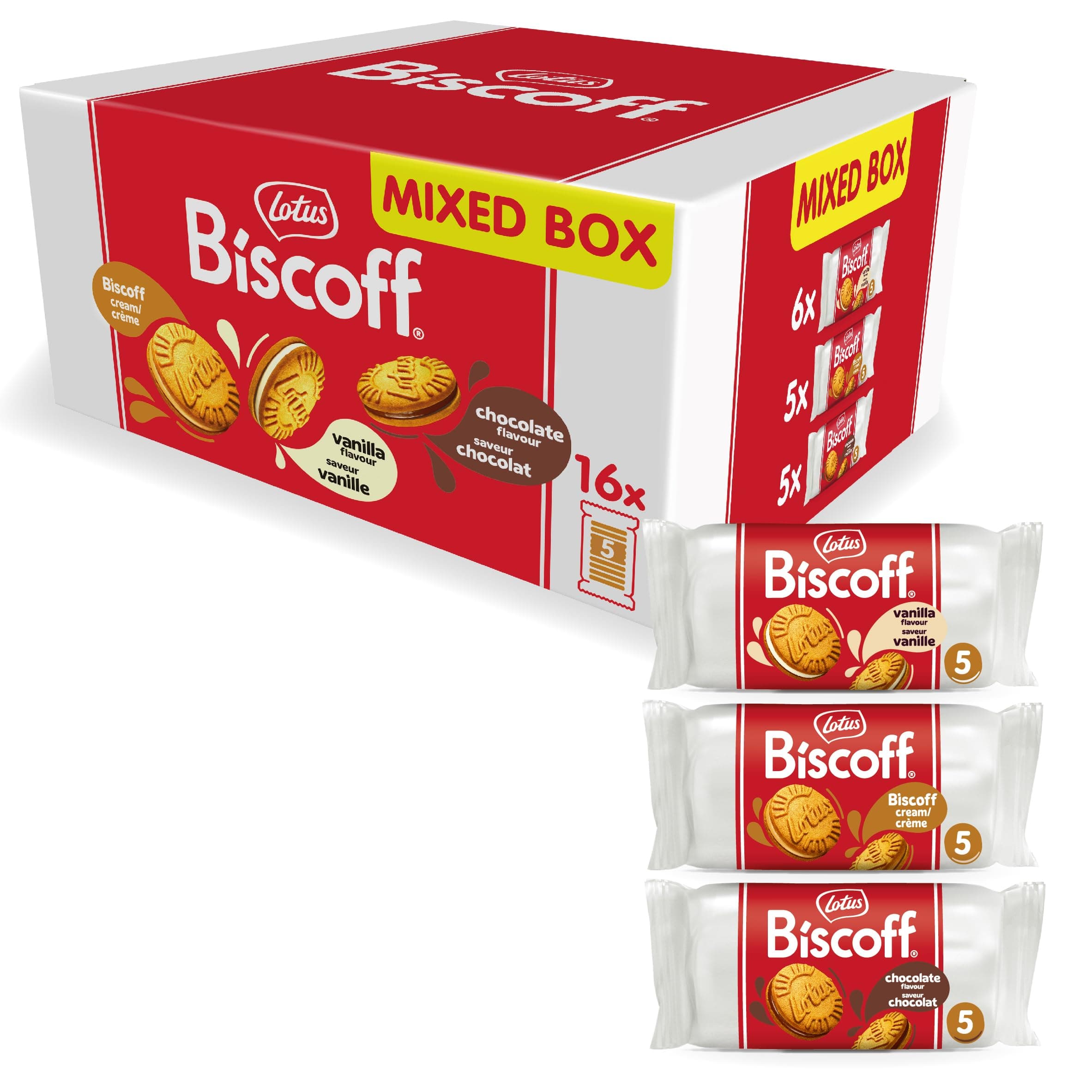 Lotus Biscoff | Doppelkeks Variety Pack | 3 Sorten: Biscoff-Creme, Vanille- und Schokoladengeschmack | 5 Doppelkekse pro Packung | Zutaten natürlichen Ursprungs | Ohne Farbstoffe | 16 x 50g | 800g