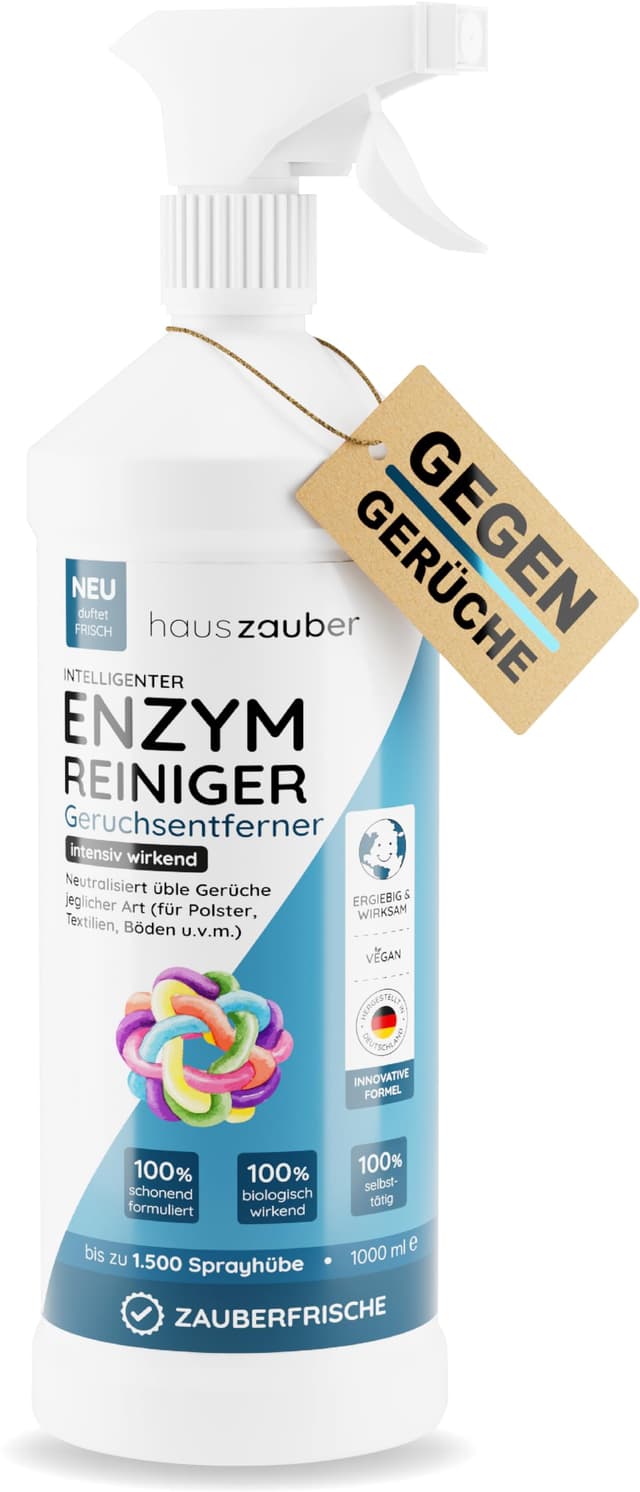 hauszauber® - Enzymreiniger [STARKER GERUCHSENTFERNER] 1000 ml - Gegen Katzenurin, Hundeurin etc. - Üble Gerüche aus Sofa & Teppich entfernen - Geruchsneutralisierer - Zauberfrische