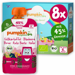Pumpkin Organics Bio Gemüse-Getreide-Quetschies 8er Pack Süßkartoffel, Blaubeere, Birne, Rote Beete, Hafer ohne Zuckerzusatz¹ - ab dem 6. Monat - als Snack oder Beikost für unterwegs (8x100g) Angebot bei HelloDeals