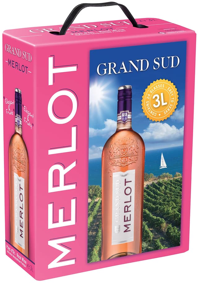Grand Sud - Merlot Rosé aus Süd-Frankreich - Sortentypischer Trocken Roséwein - Großpackungen Wein Bag in Box 3l (1 x 3 L) 1 x 3 l Single