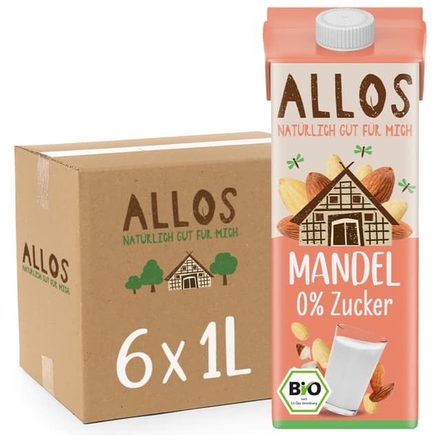 Allos Mandeldrink ohne Zucker | Mandel Drink Natur | Drink auf Pflanzenbasis | Mandel | veganer Drink | laktosefrei | 1 Liter (6 Stück) Mandelmilch