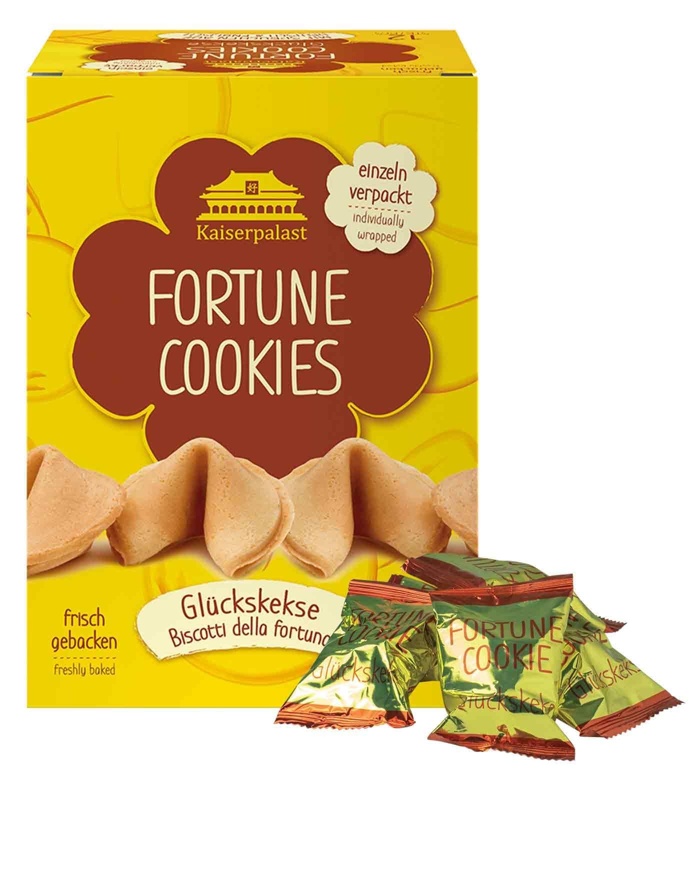 Kaiserpalast Glückskekse, knuspriges Süßgebäck als Snack oder Geschenk, einzeln verpackt in roter Folie, mit deutschem und englischem Spruch, vegan, halal, 12 Stück à 6 g (1 x 72 g) Süße 72 g (1er Pack)